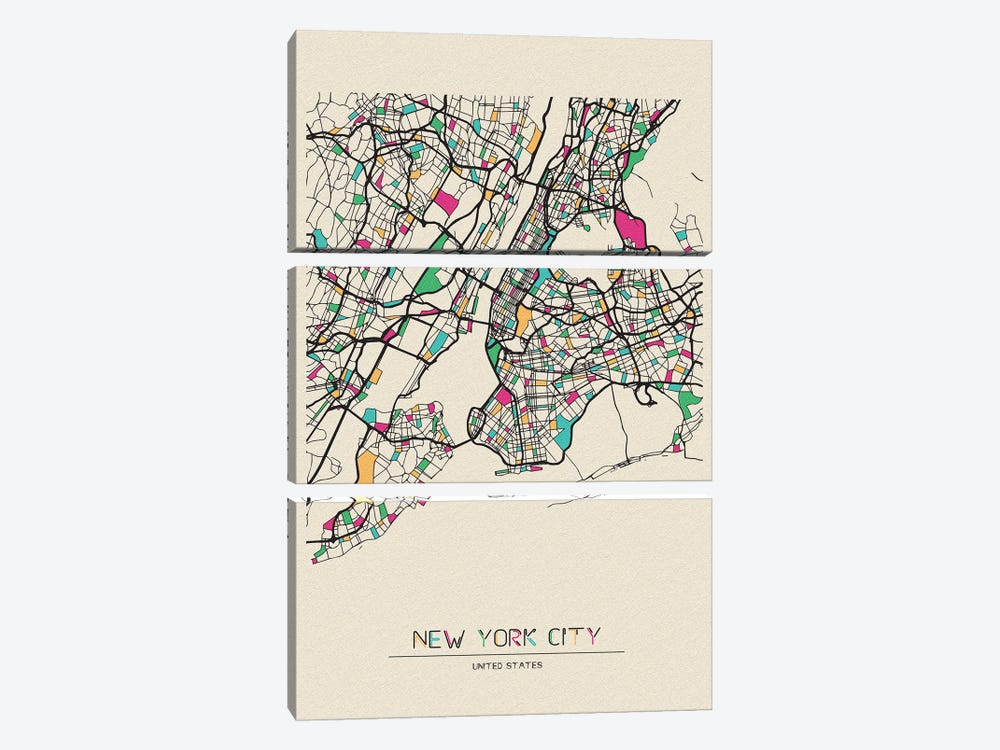 New York City, US Map by Ayse Deniz Akerman 3-piece Canvas Art Print