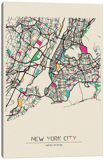 New York City, US Map Canvas Art Print - Ayse Deniz Akerman