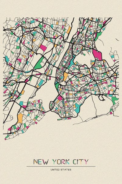 Large Map Art - Canvas Prints: New York City, US Map by Ayse Deniz Akerman
