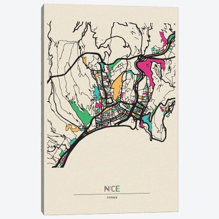 Nice, France Map Canvas Print #ADA585} by Ayse Deniz Akerman Canvas Art Print