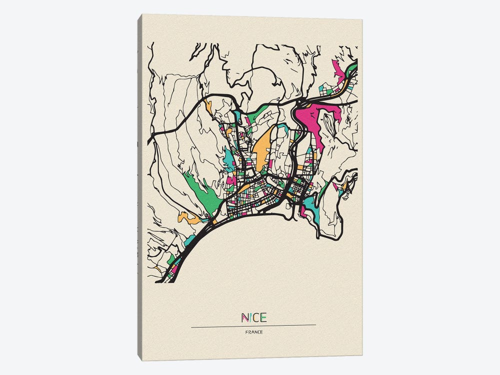 Nice, France Map by Ayse Deniz Akerman 1-piece Canvas Artwork