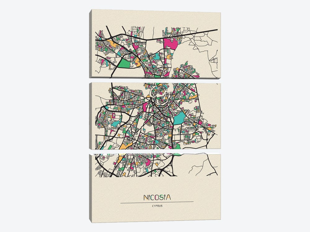 Nicosia, Cyprus Map by Ayse Deniz Akerman 3-piece Canvas Print