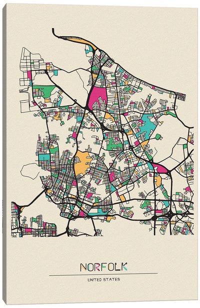 Norfolk, Virginia Map Canvas Art Print - Urban Maps