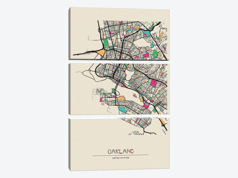 Oakland, California Map by Ayse Deniz Akerman 3-piece Canvas Print