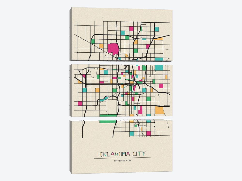 Oklahoma City, USA Map by Ayse Deniz Akerman 3-piece Canvas Art