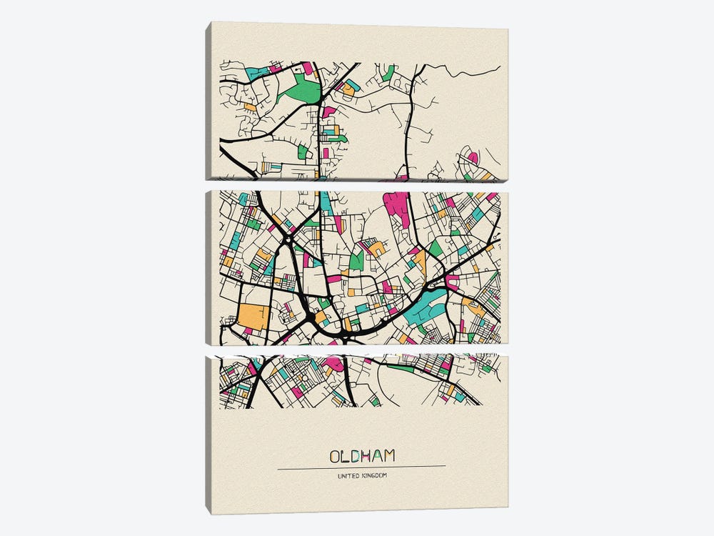 Oldham, England Map by Ayse Deniz Akerman 3-piece Canvas Art