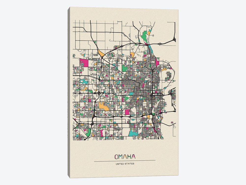 Omaha, Nebraska Map by Ayse Deniz Akerman 1-piece Canvas Print