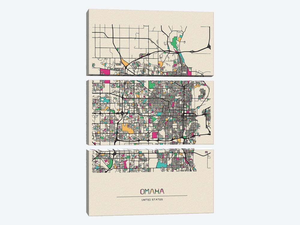 Omaha, Nebraska Map by Ayse Deniz Akerman 3-piece Canvas Art Print