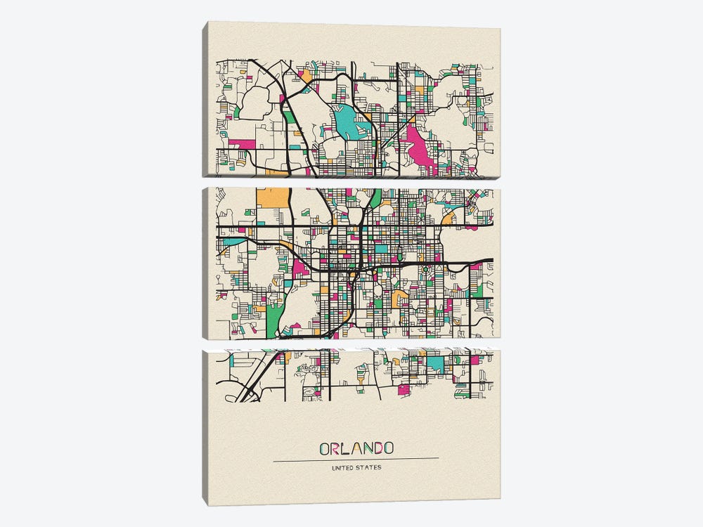 Orlando, Florida Map by Ayse Deniz Akerman 3-piece Canvas Wall Art