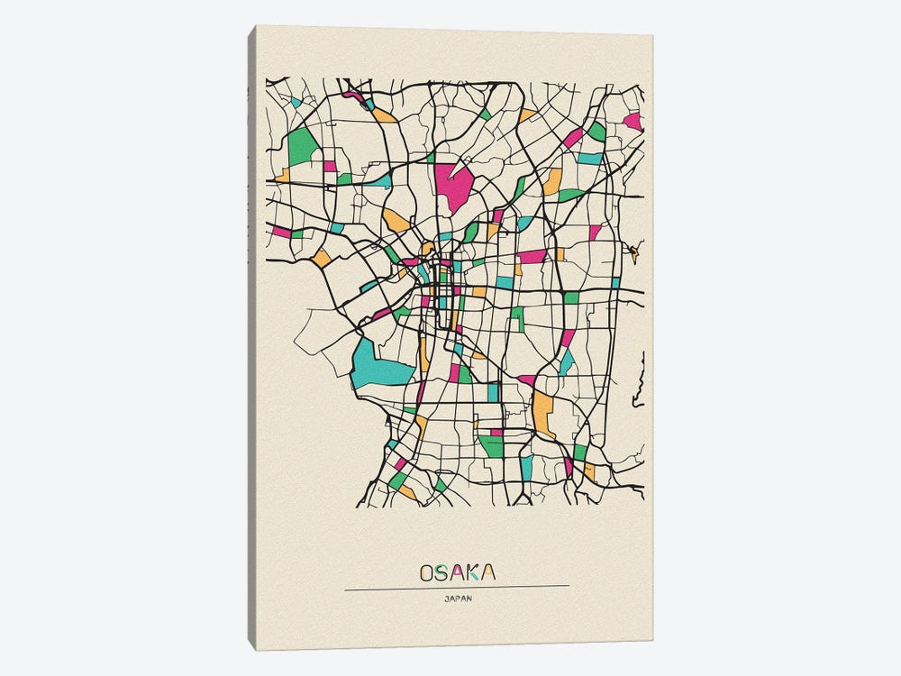 Osaka, Japan Map by Ayse Deniz Akerman 1-piece Canvas Print