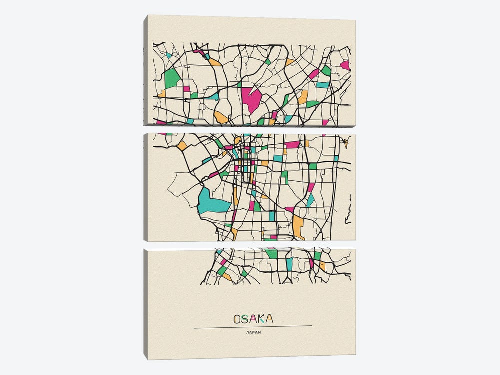 Osaka, Japan Map by Ayse Deniz Akerman 3-piece Canvas Print