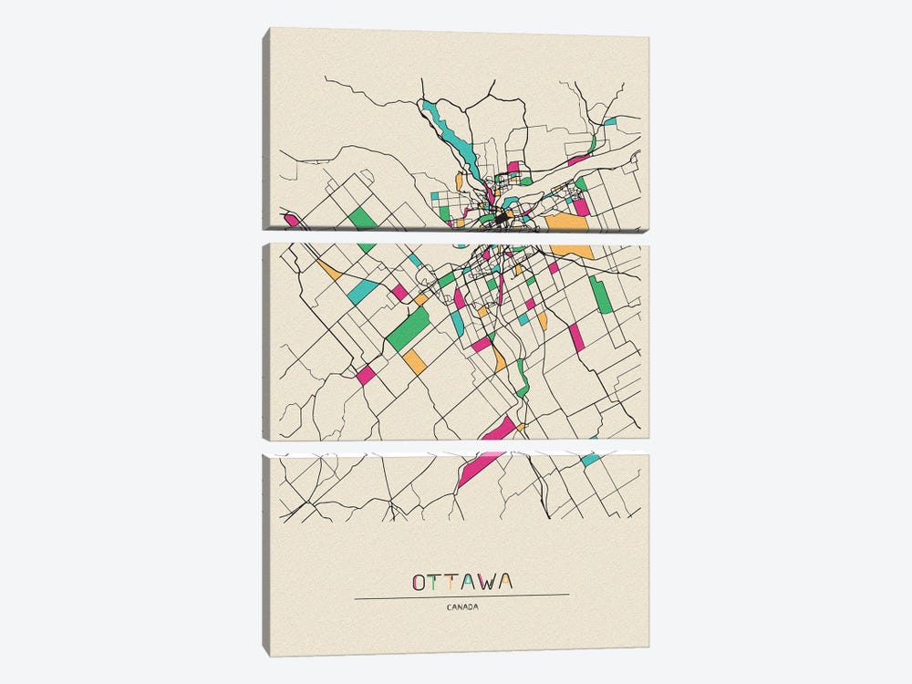 Ottawa, Canada Map by Ayse Deniz Akerman 3-piece Canvas Art Print