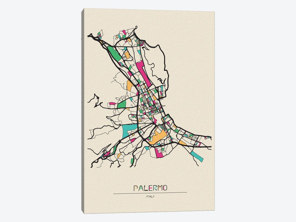 Palermo, Italy Map by Ayse Deniz Akerman 1-piece Canvas Art