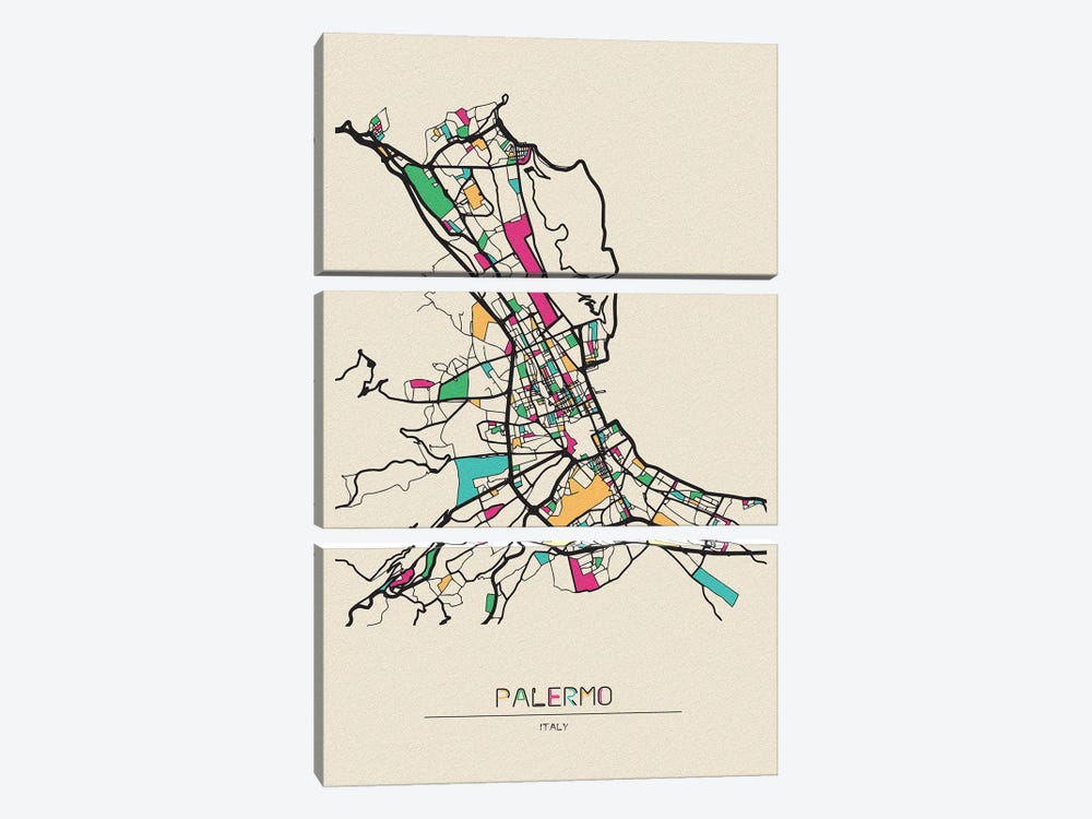 Palermo, Italy Map by Ayse Deniz Akerman 3-piece Canvas Art