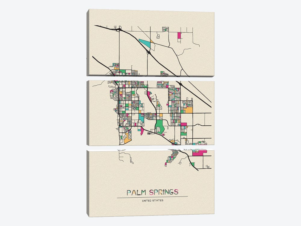 Palm Springs, California Map by Ayse Deniz Akerman 3-piece Canvas Print