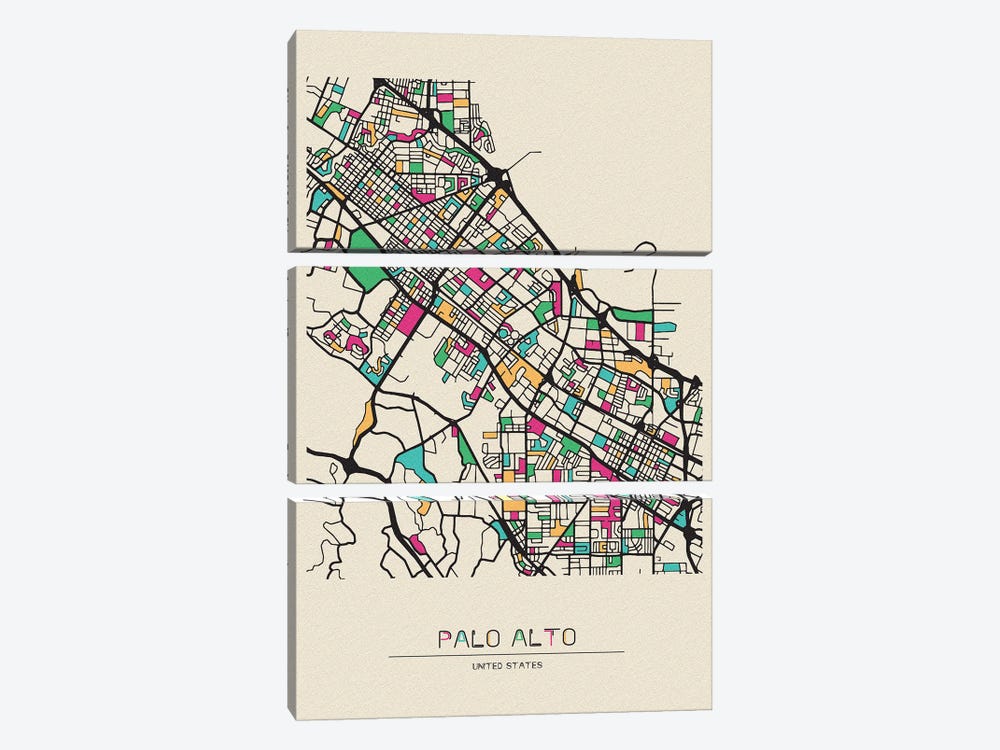 Palo Alto, California Map by Ayse Deniz Akerman 3-piece Canvas Wall Art