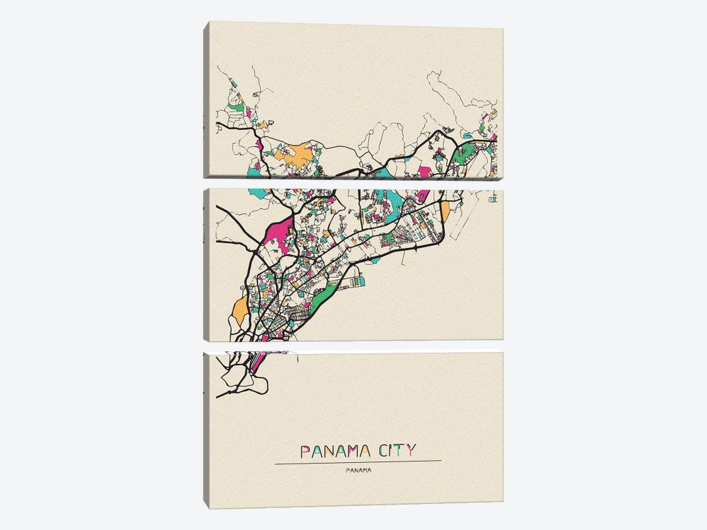 Panama City Map by Ayse Deniz Akerman 3-piece Canvas Art Print