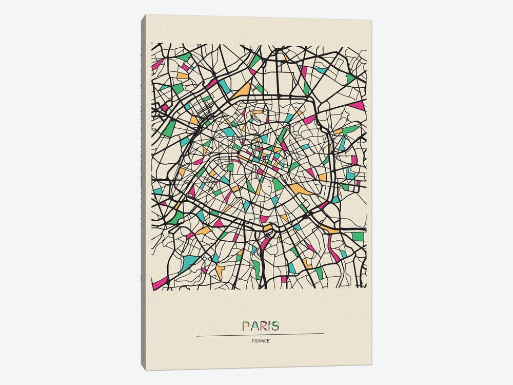 Paris, France Map by Ayse Deniz Akerman 1-piece Canvas Art Print