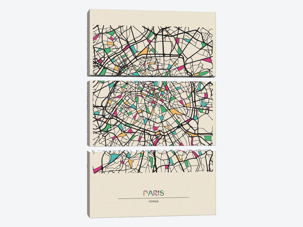 Paris, France Map by Ayse Deniz Akerman 3-piece Art Print