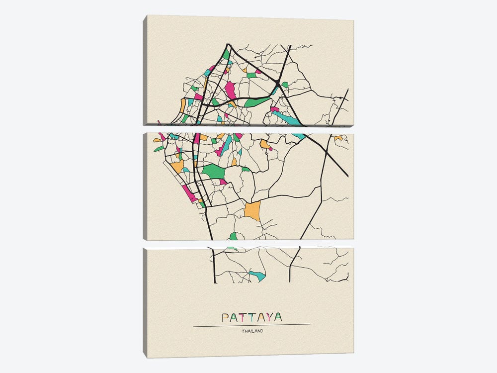 Pattaya, Thailand Map by Ayse Deniz Akerman 3-piece Canvas Print