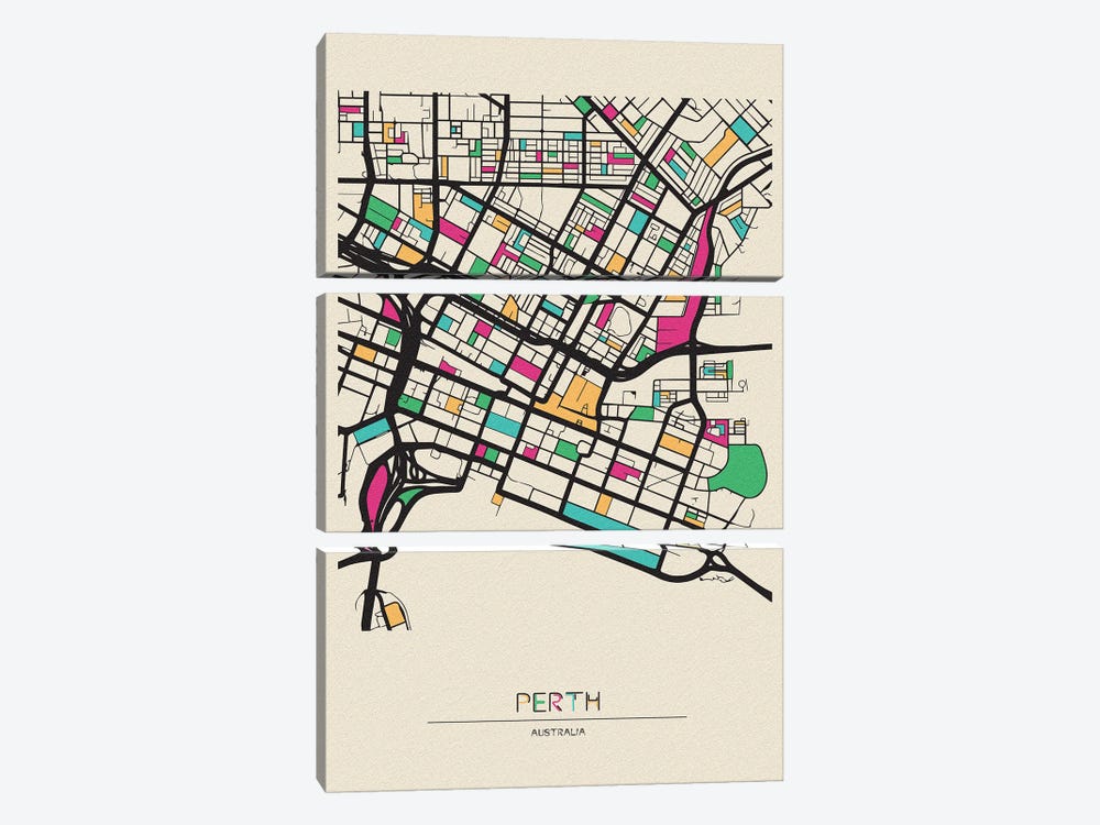 Perth, Australia Map by Ayse Deniz Akerman 3-piece Canvas Art Print