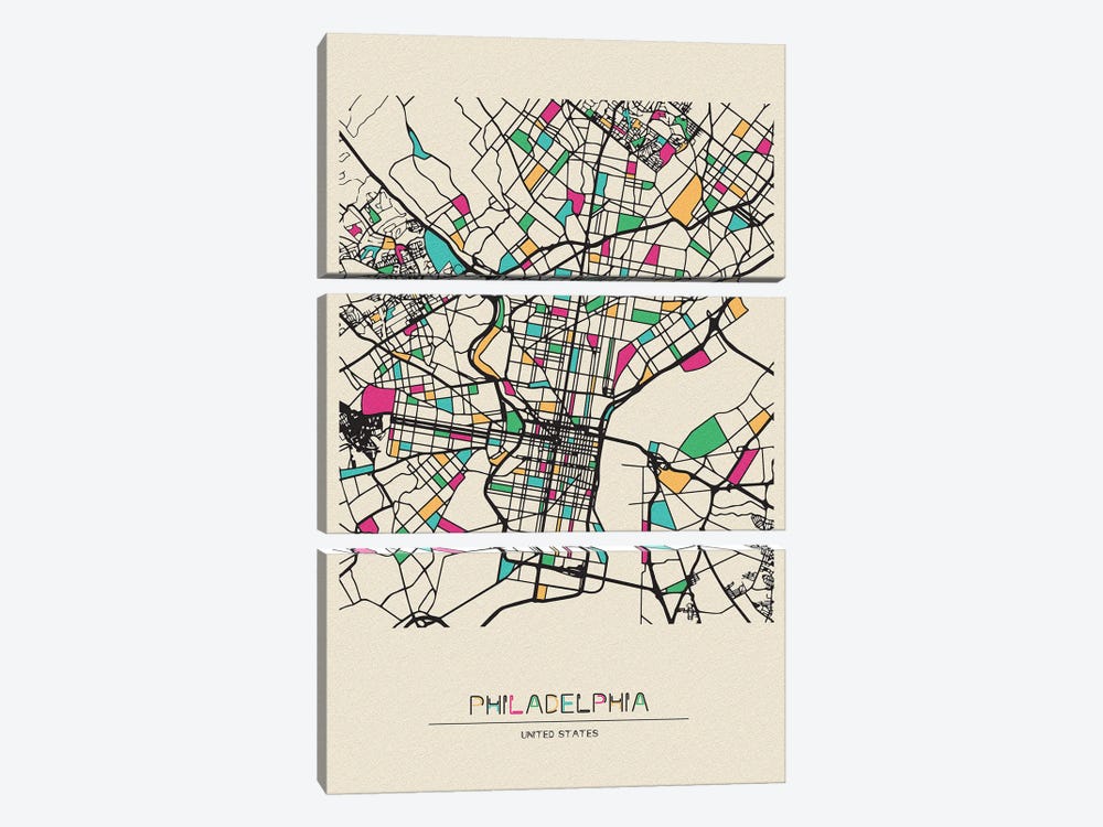 Philadelphia, Pennsylvania Map by Ayse Deniz Akerman 3-piece Canvas Artwork
