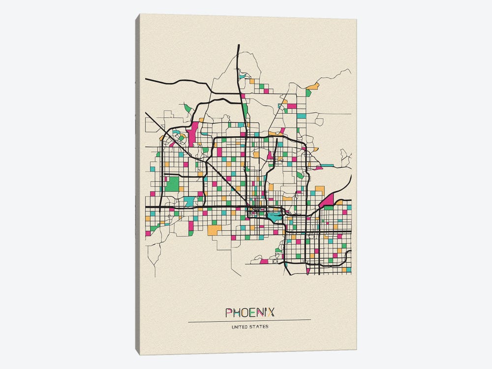 Phoenix, Arizona Map by Ayse Deniz Akerman 1-piece Canvas Art Print