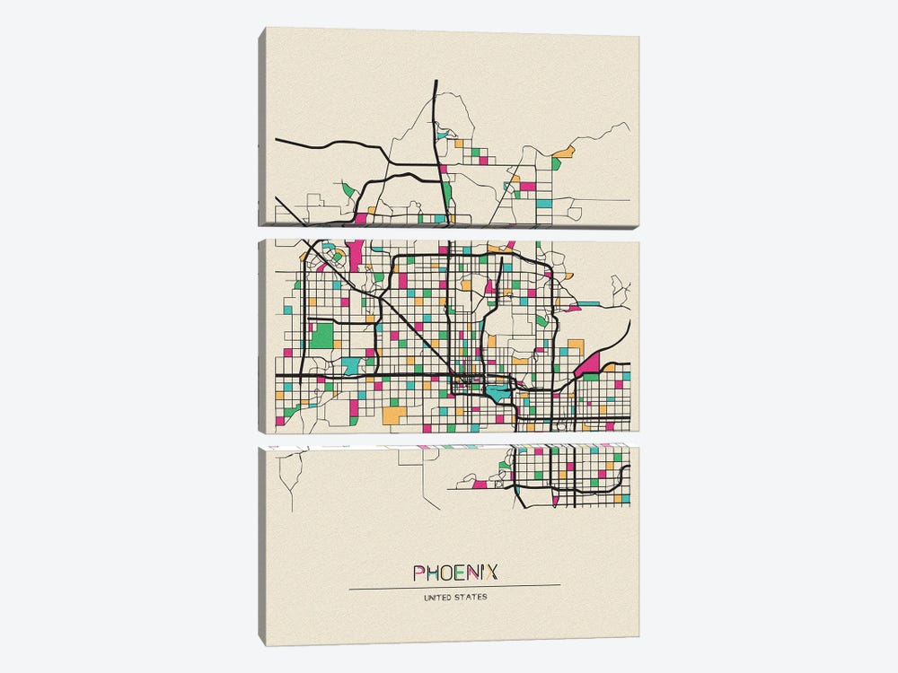 Phoenix, Arizona Map by Ayse Deniz Akerman 3-piece Art Print