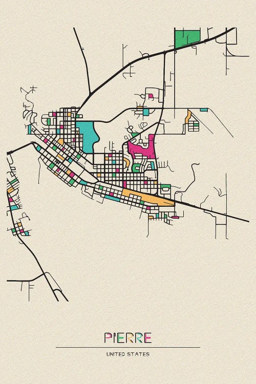 Pierre, South Dakota Map by Ayse Deniz Akerman wall art