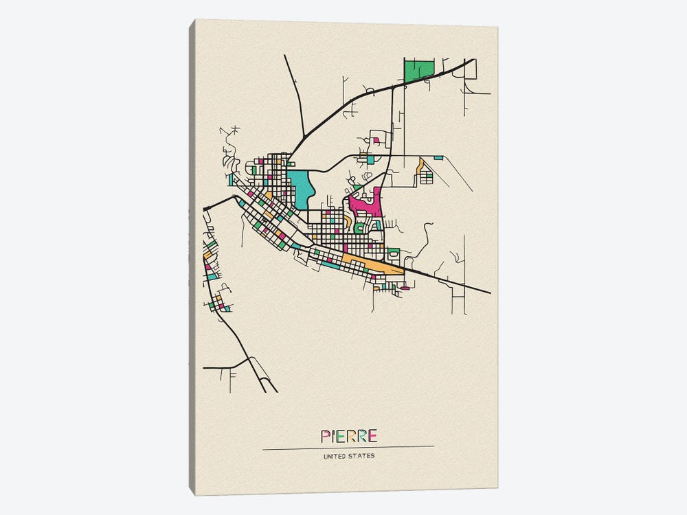 Pierre, South Dakota Map by Ayse Deniz Akerman 1-piece Canvas Print