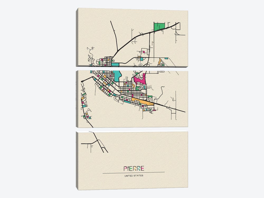 Pierre, South Dakota Map by Ayse Deniz Akerman 3-piece Art Print