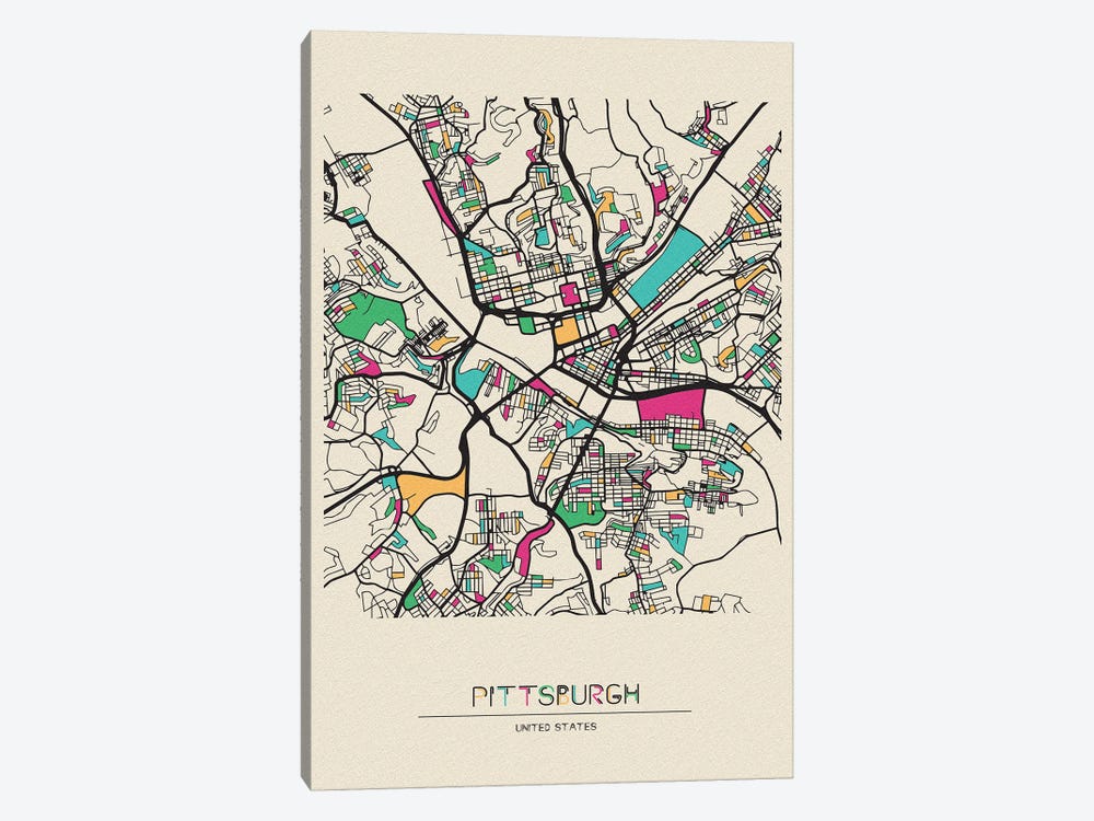 Pittsburgh, Pennsylvania Map by Ayse Deniz Akerman 1-piece Canvas Artwork