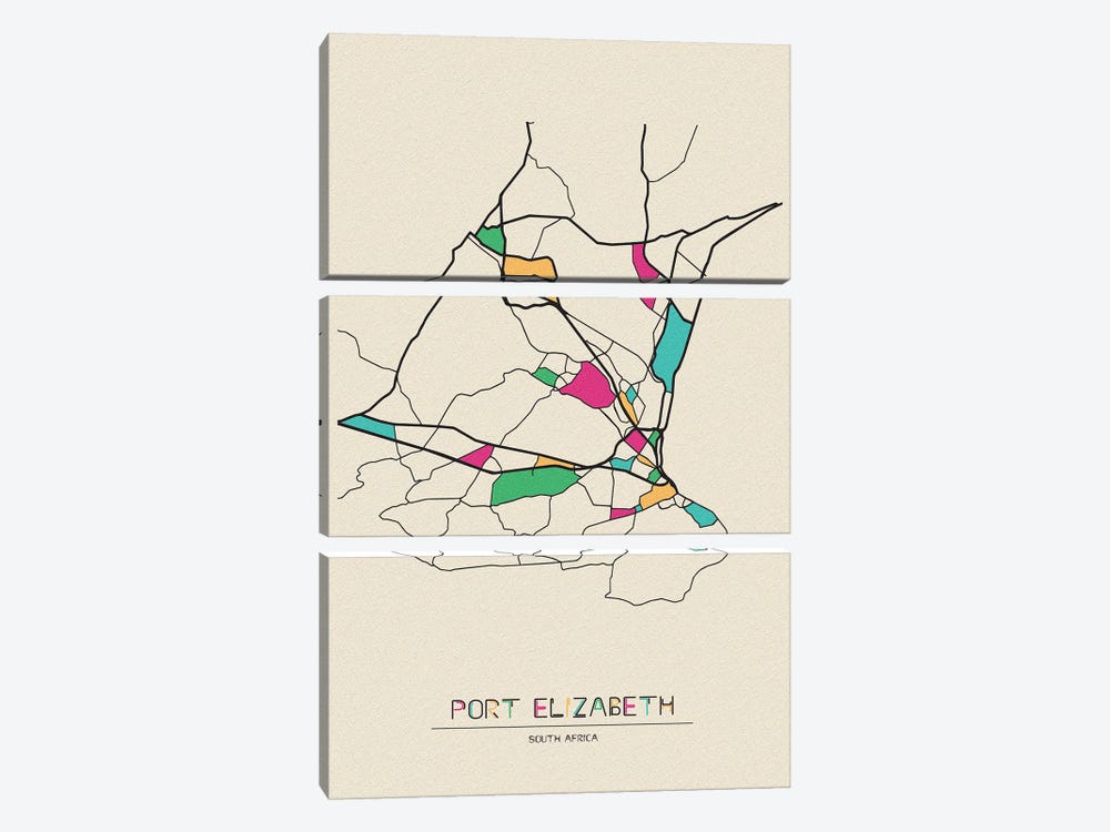 Port Elizabeth, South Africa Map by Ayse Deniz Akerman 3-piece Canvas Print