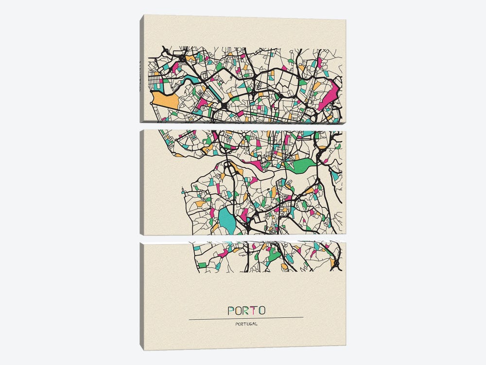 Porto, Portugal Map by Ayse Deniz Akerman 3-piece Canvas Art Print