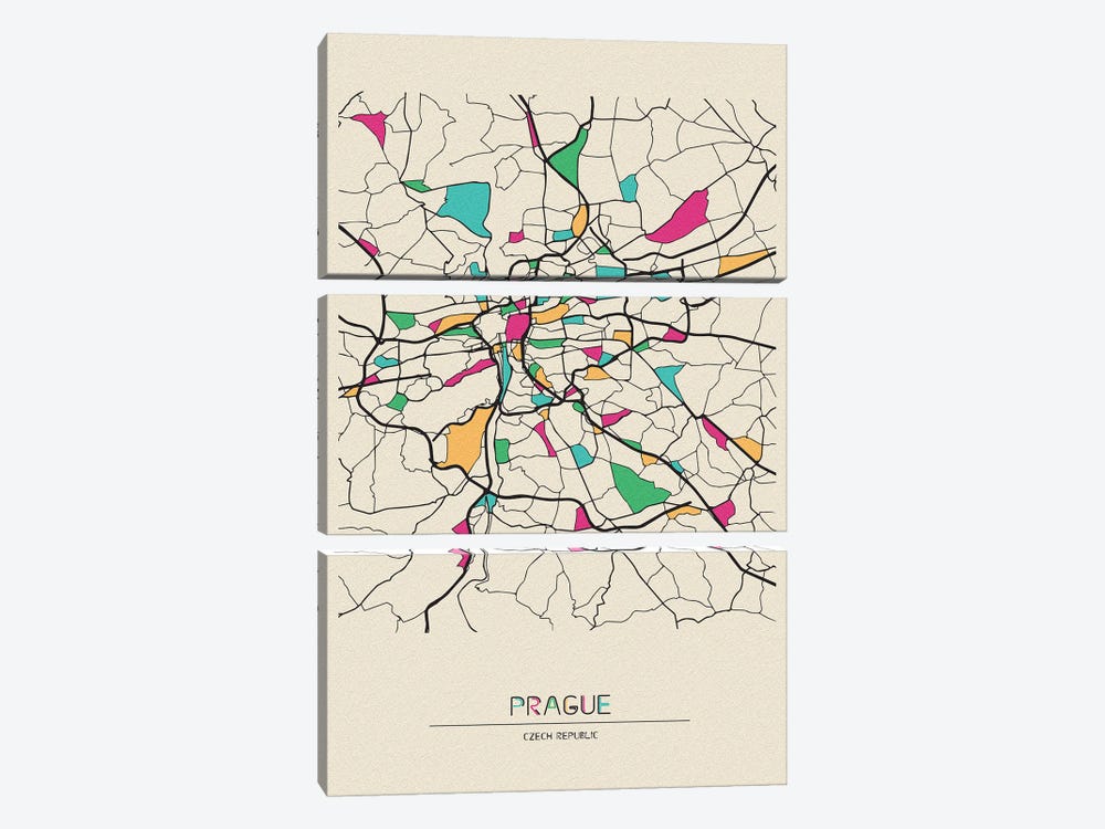 Prague, Czechia Map by Ayse Deniz Akerman 3-piece Canvas Artwork