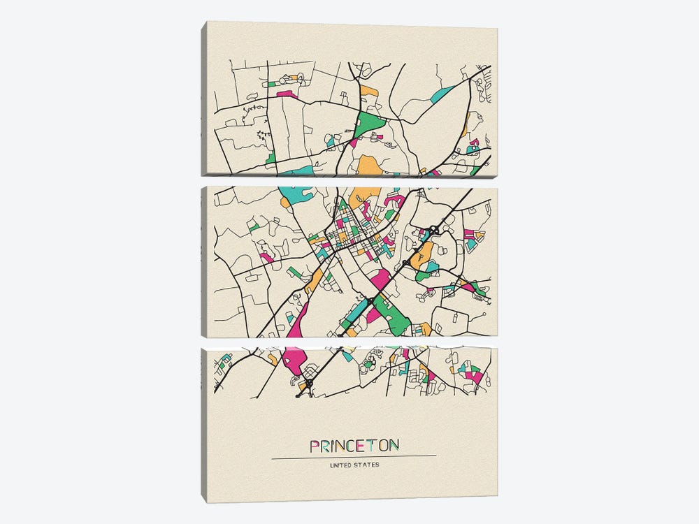 Princeton, New Jersey Map by Ayse Deniz Akerman 3-piece Canvas Print