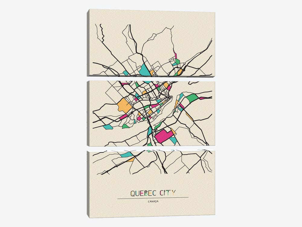 Quebec City, Canada Map by Ayse Deniz Akerman 3-piece Canvas Art