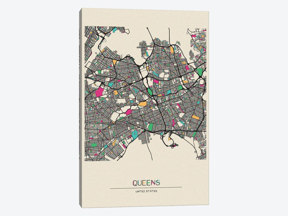 Queens, New York Map by Ayse Deniz Akerman 1-piece Canvas Art Print