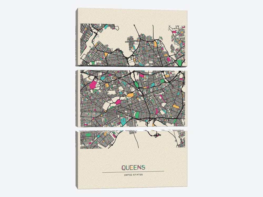Queens, New York Map by Ayse Deniz Akerman 3-piece Art Print