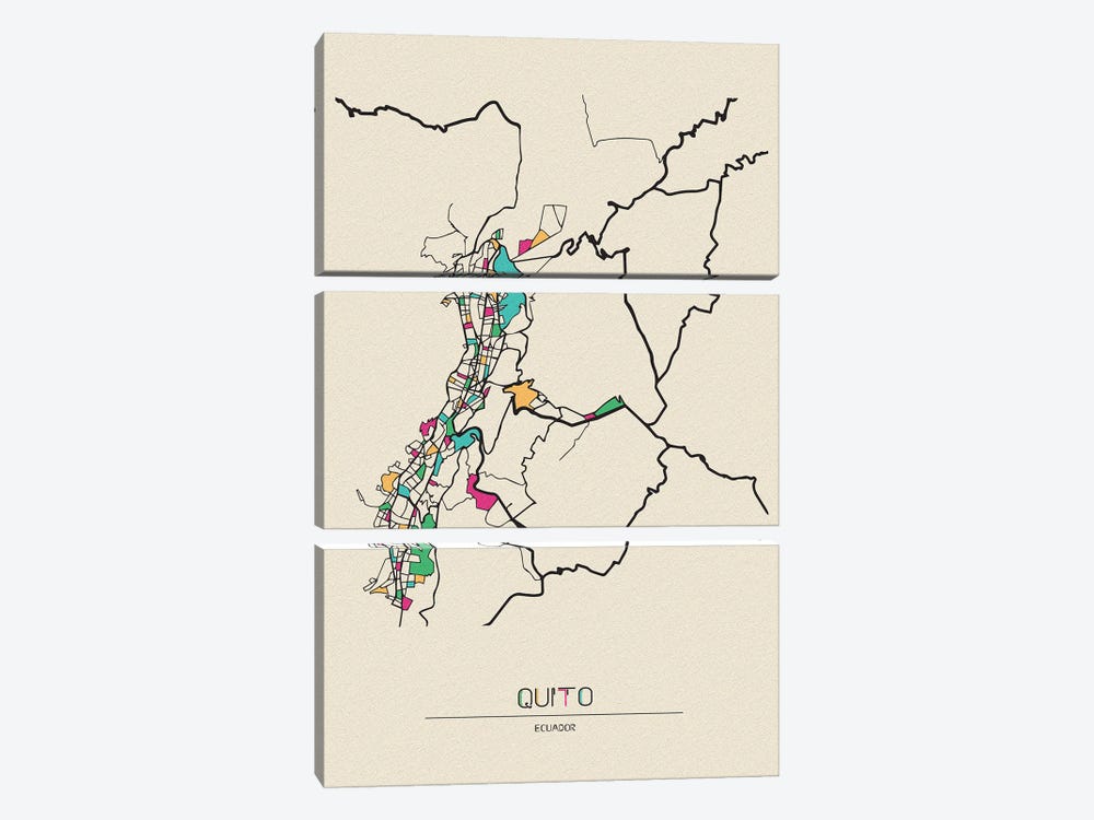 Quito, Ecuador Map by Ayse Deniz Akerman 3-piece Canvas Print