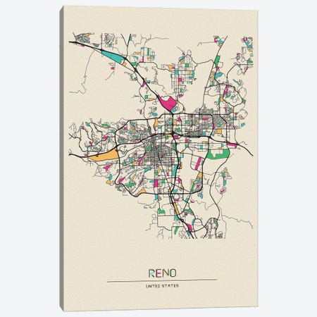 Reno, Nevada Map Canvas Print #ADA622} by Ayse Deniz Akerman Art Print