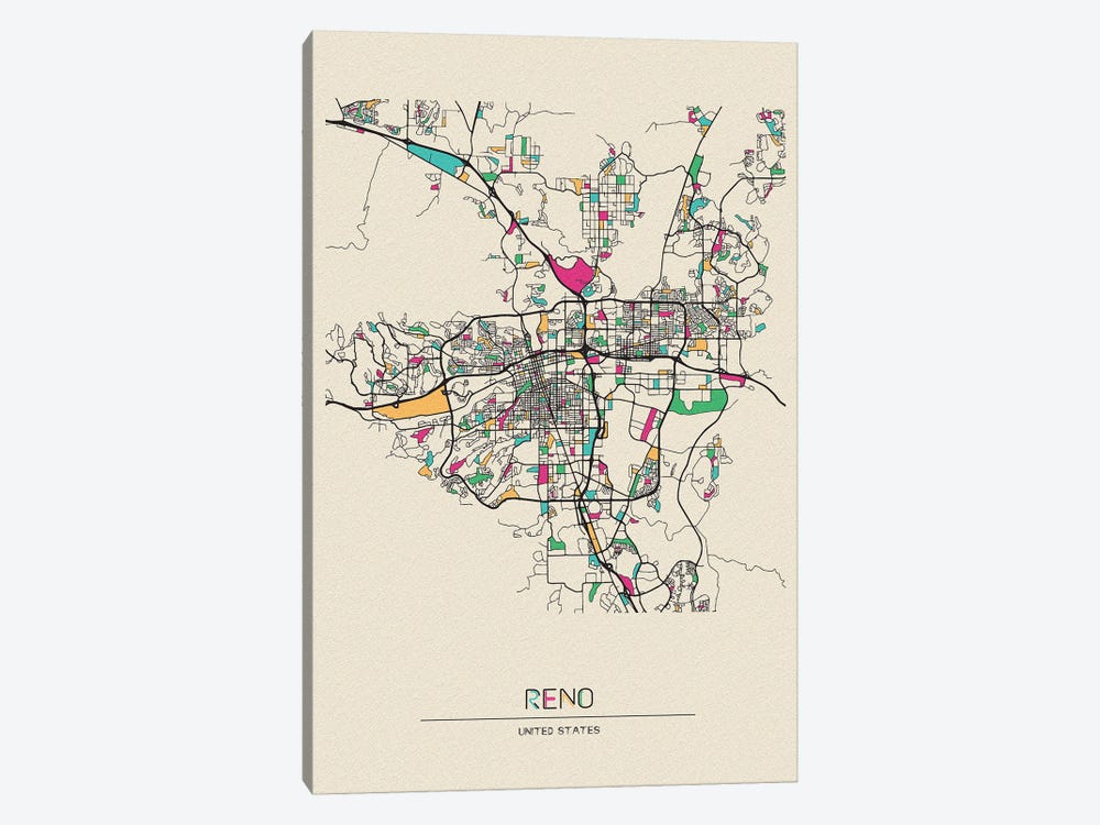 Reno, Nevada Map by Ayse Deniz Akerman 1-piece Canvas Art Print