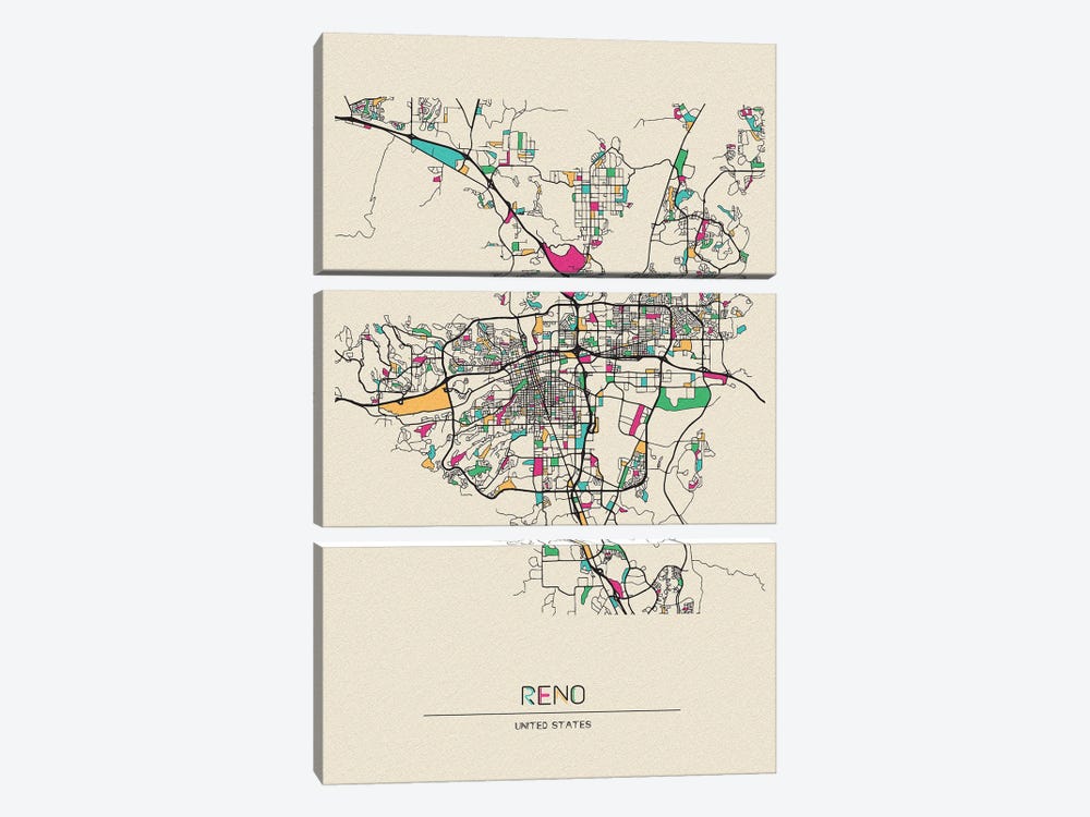 Reno, Nevada Map by Ayse Deniz Akerman 3-piece Canvas Art Print