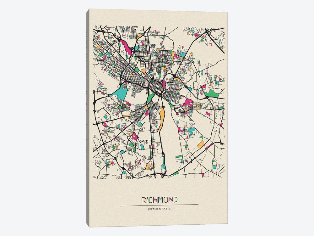Richmond, Virginia Map by Ayse Deniz Akerman 1-piece Canvas Print