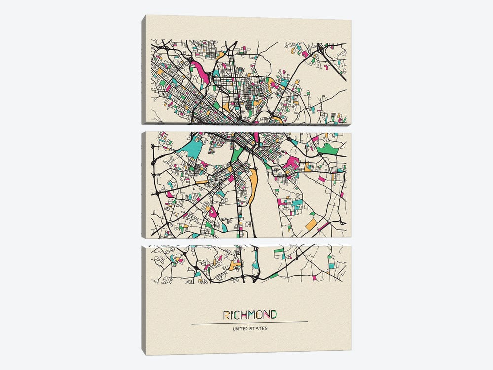 Richmond, Virginia Map by Ayse Deniz Akerman 3-piece Canvas Art Print