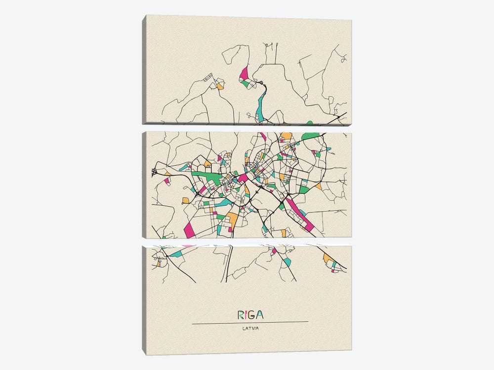 Riga, Latvia Map by Ayse Deniz Akerman 3-piece Canvas Art