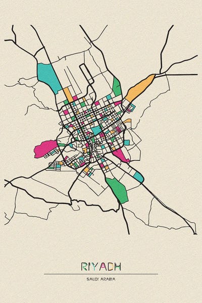 Riyadh, Saudi Arabia Map by Ayse Deniz Akerman art print