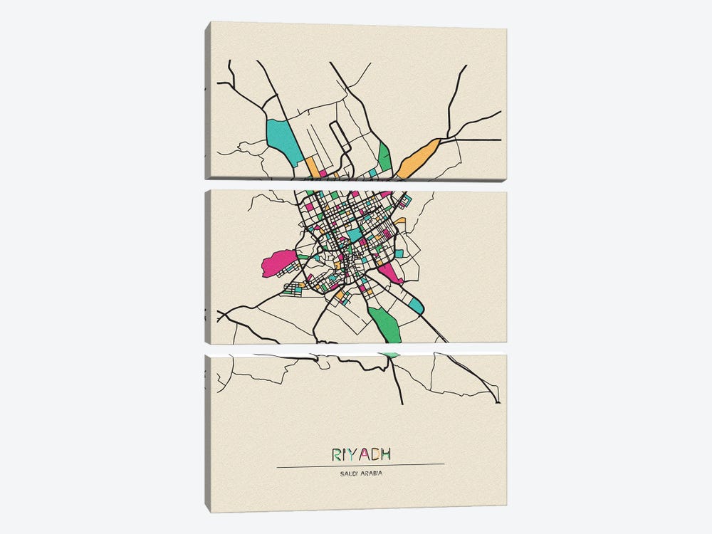 Riyadh, Saudi Arabia Map by Ayse Deniz Akerman 3-piece Canvas Print