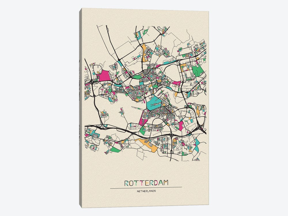 Rotterdam, Netherlands Map by Ayse Deniz Akerman 1-piece Canvas Art Print