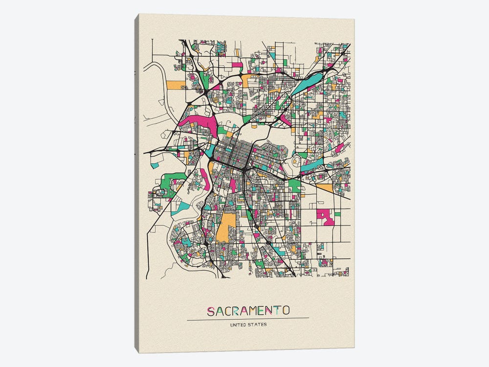 Sacramento, California Map by Ayse Deniz Akerman 1-piece Canvas Wall Art